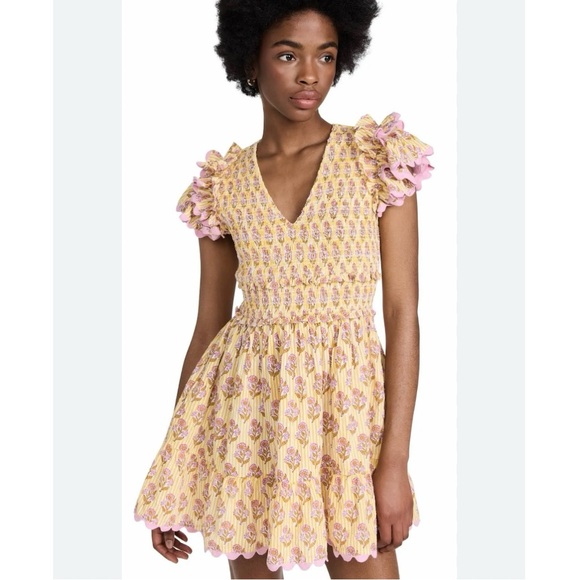 SAYLOR Ottessa Mini Dress Yellow Pink Floral Smocked Pleated Size Small S - Picture 1 of 12